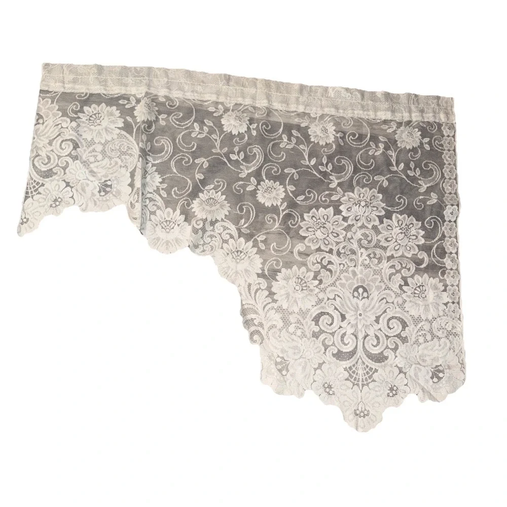 Set Of 2 White Sheer Lace Valance Curtains 38X31 Each Cottage County Floral